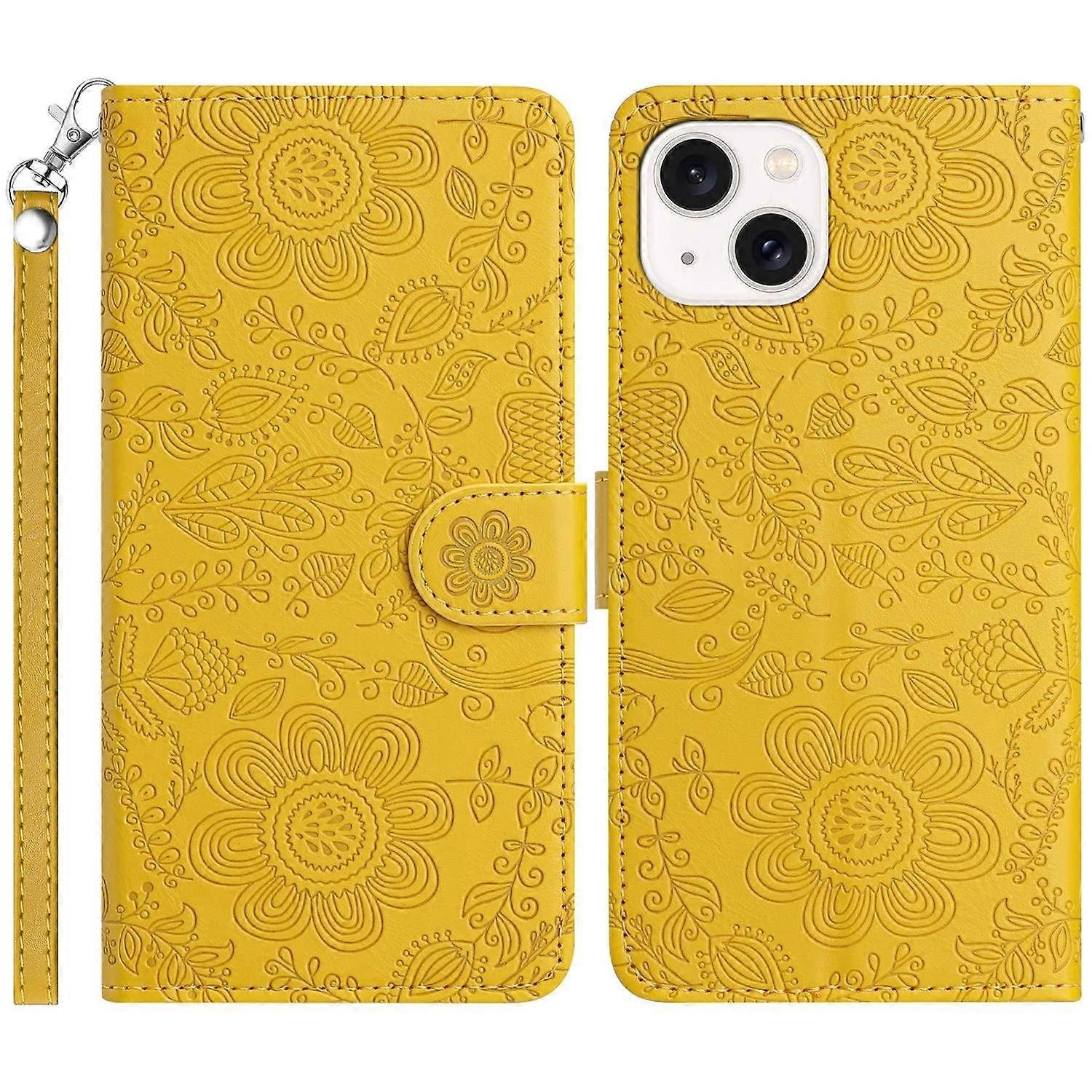 Do etui iPhone 14/13 Kwiatowy nadruk Skórzany portfel z klapką Pokrowiec na telefon z paskiem na nadgarstek-żółty Wielobarwny Yellow