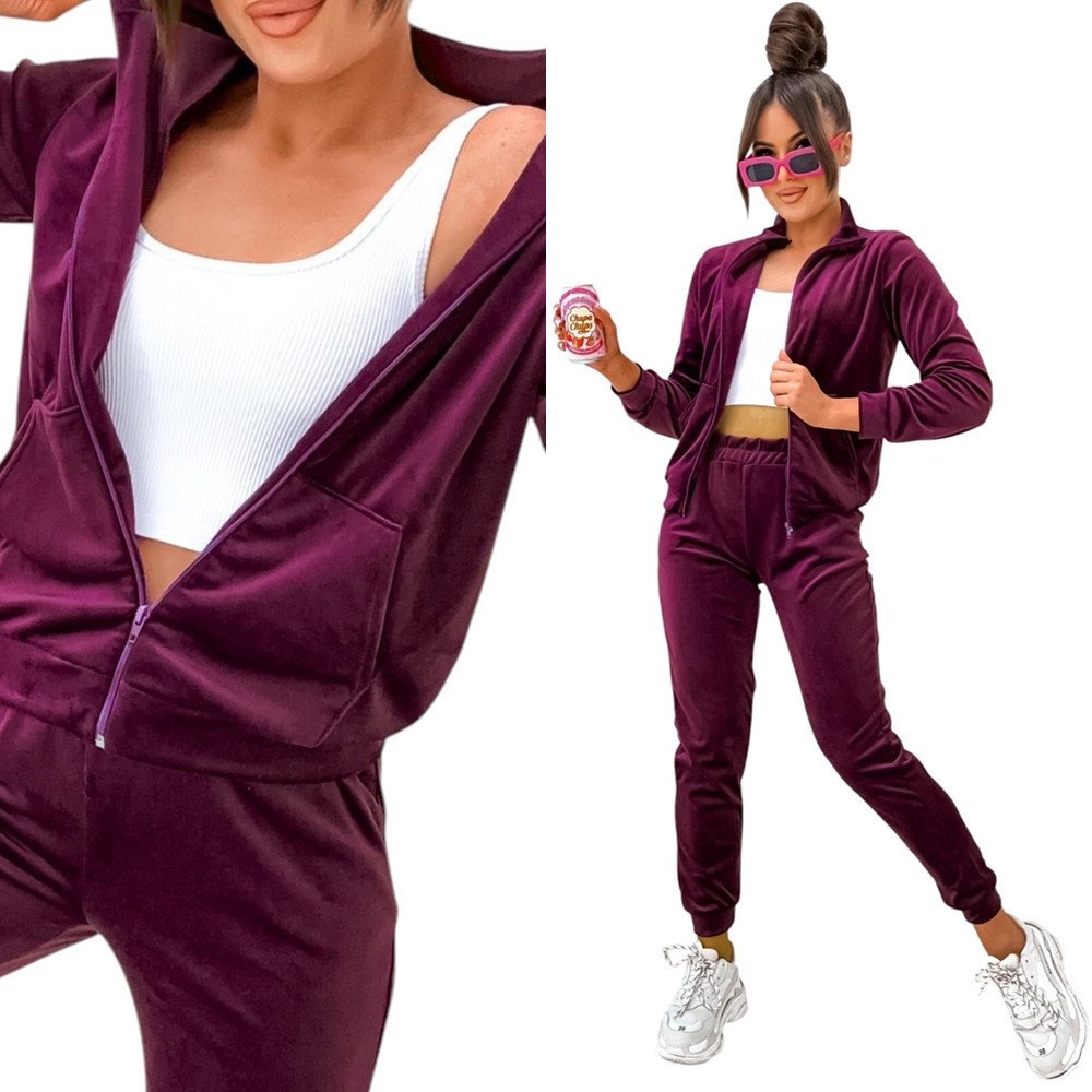Damski Dres Komplet welurowy bez kaptura 771 [Kolor Bordowy, Rozmiar L/XL]