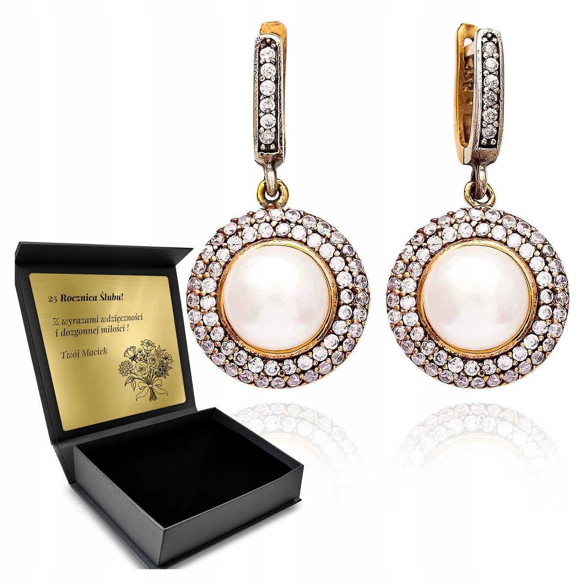 Kolczyki Srebrne 925 Cyrkonie Perła Biżuteria Dla Kobiety + Grawer