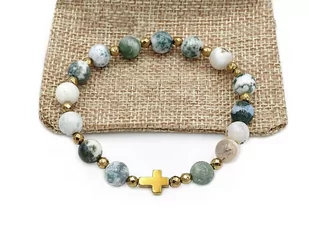 Bransoletka różaniec na rękę agat mszysty+ sakwa - Bransoletki - miniaturka - grafika 1