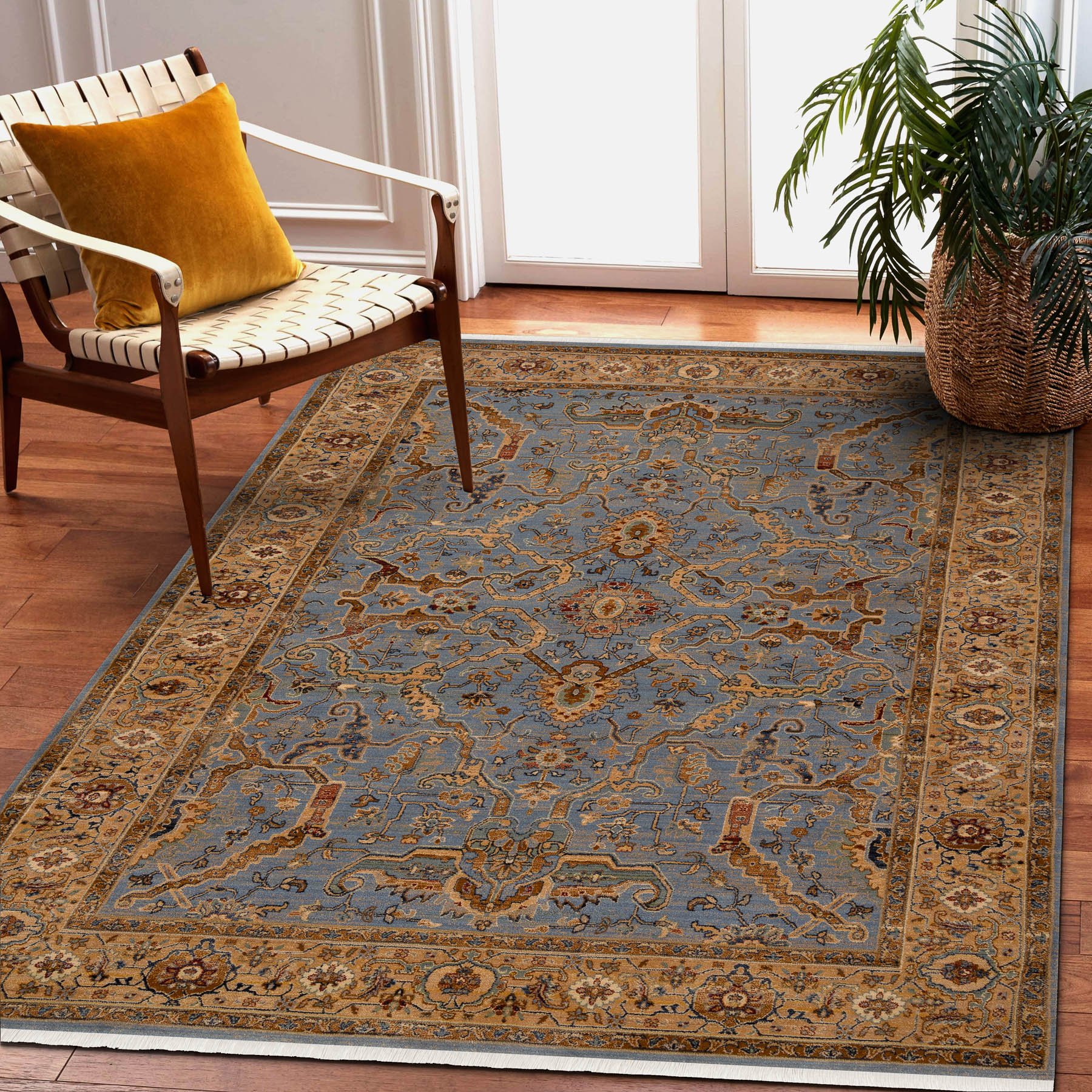 Dywan KESHAN Frędzle, Ramka orientalny 7875/53544 beż / niebieski 120x145 cm