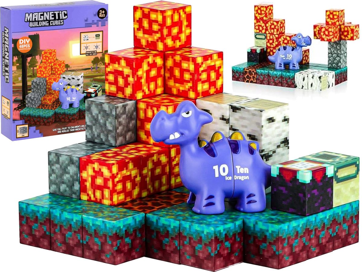 Magnetyczne KLOCKI KONSTRUKCYJNE Pixele Dinozaur Kostki 48 Elementów