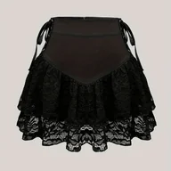 Spódnice - TEMU Spódnica z Koronkowym Patchworkiem, Falbanką i Wiązaniem z Przodu, Krzyżujące się Ramiączka, Styl Y2K, A-Line, Zamek, Jednokolorowa, Idealna na - miniaturka - grafika 1