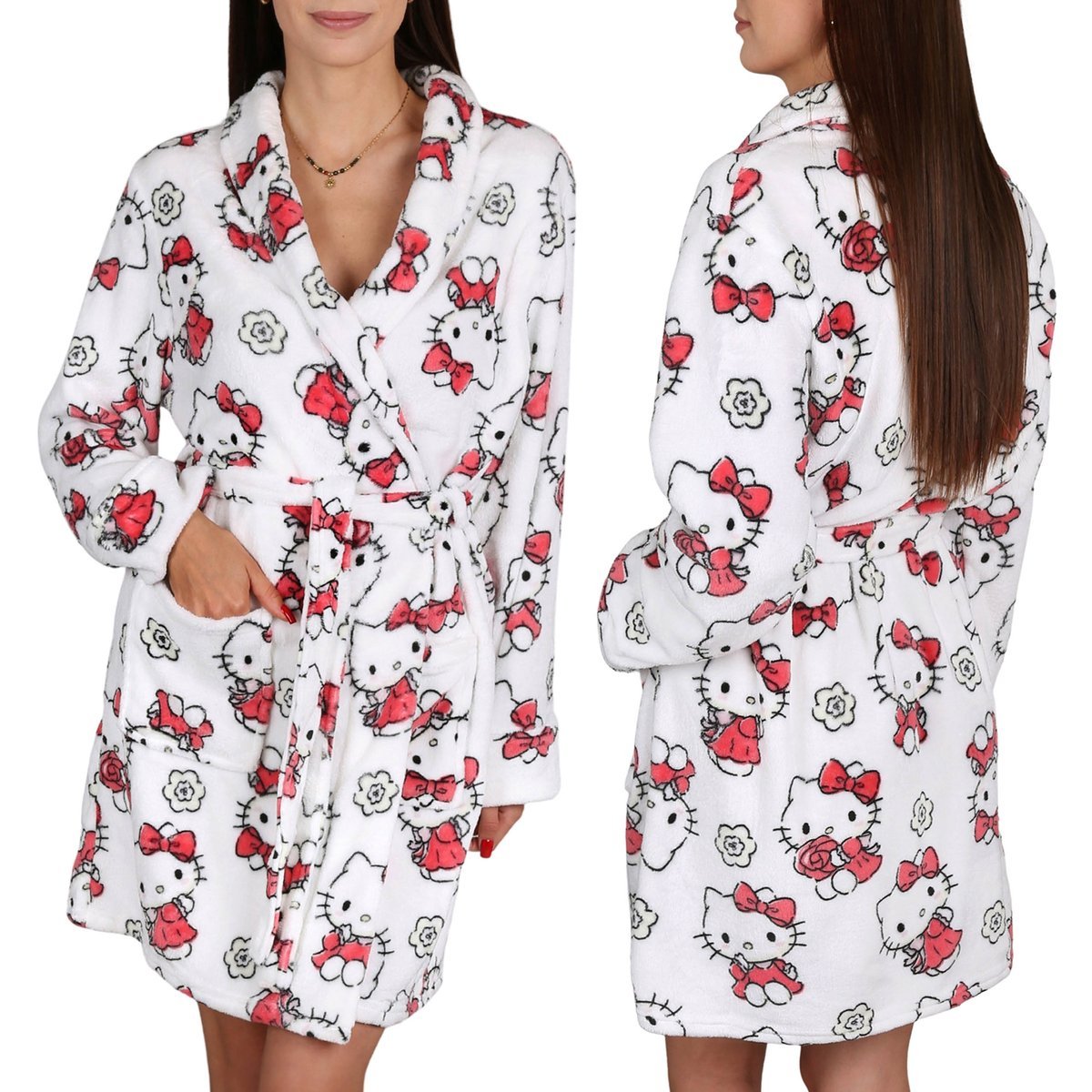 Hello Kitty Biały, DAMSKI szlafrok z paskiem, CIEPŁY wiązany porannik z kieszeniami, Miękka podomka L