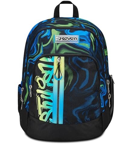 Seven Plecak szkolny Advanced, czarny niebieski, Multi-Shade Boy, dwukomorowy plecak z bezprzewodowym głośnikiem na ramieniu, kieszenią na komputer lub tablet, kieszeń na butelkę i organizer, plecak