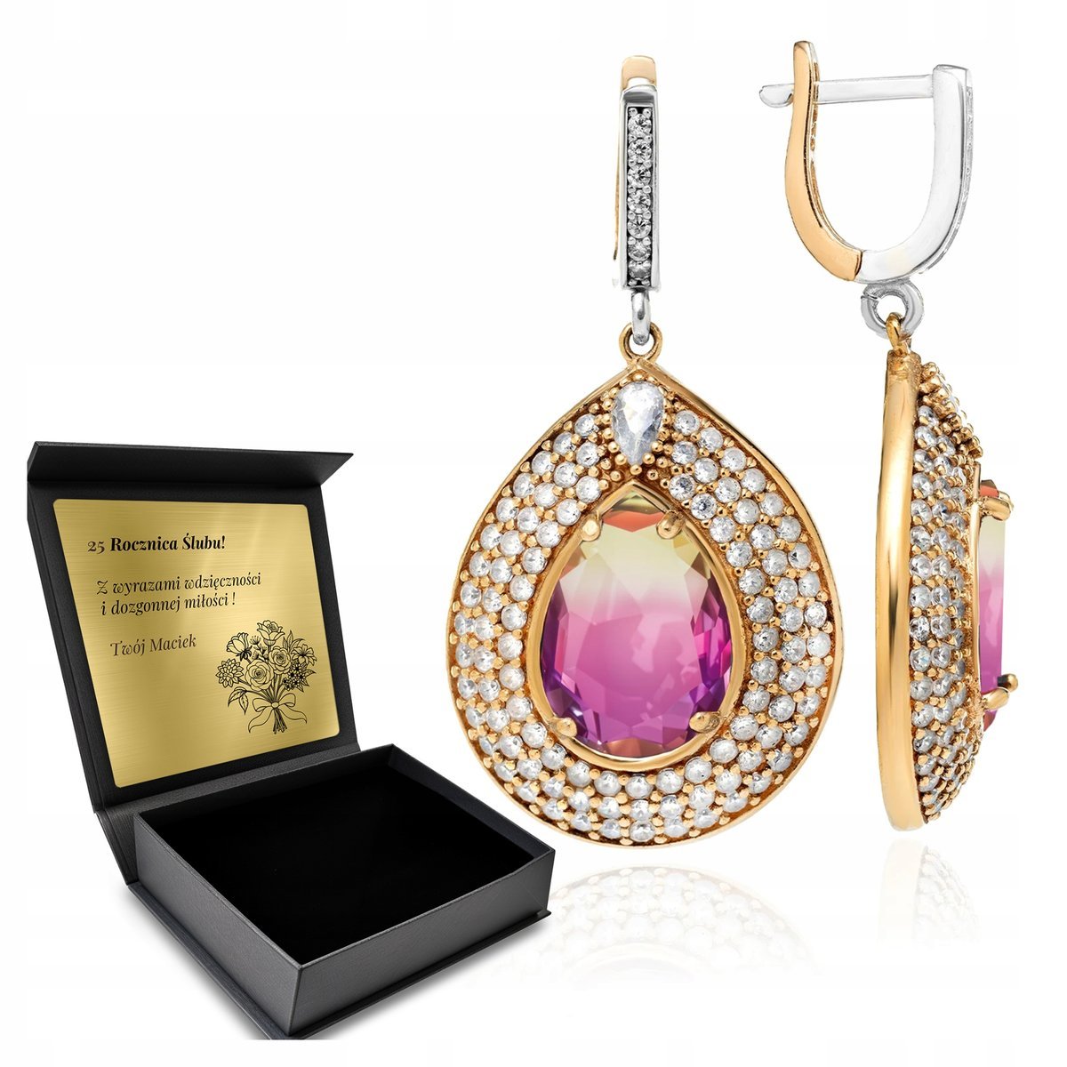 Kolczyki Srebrne 925 Cyrkonie I Ametryn Biżuteria Dla Kobiety + Grawer