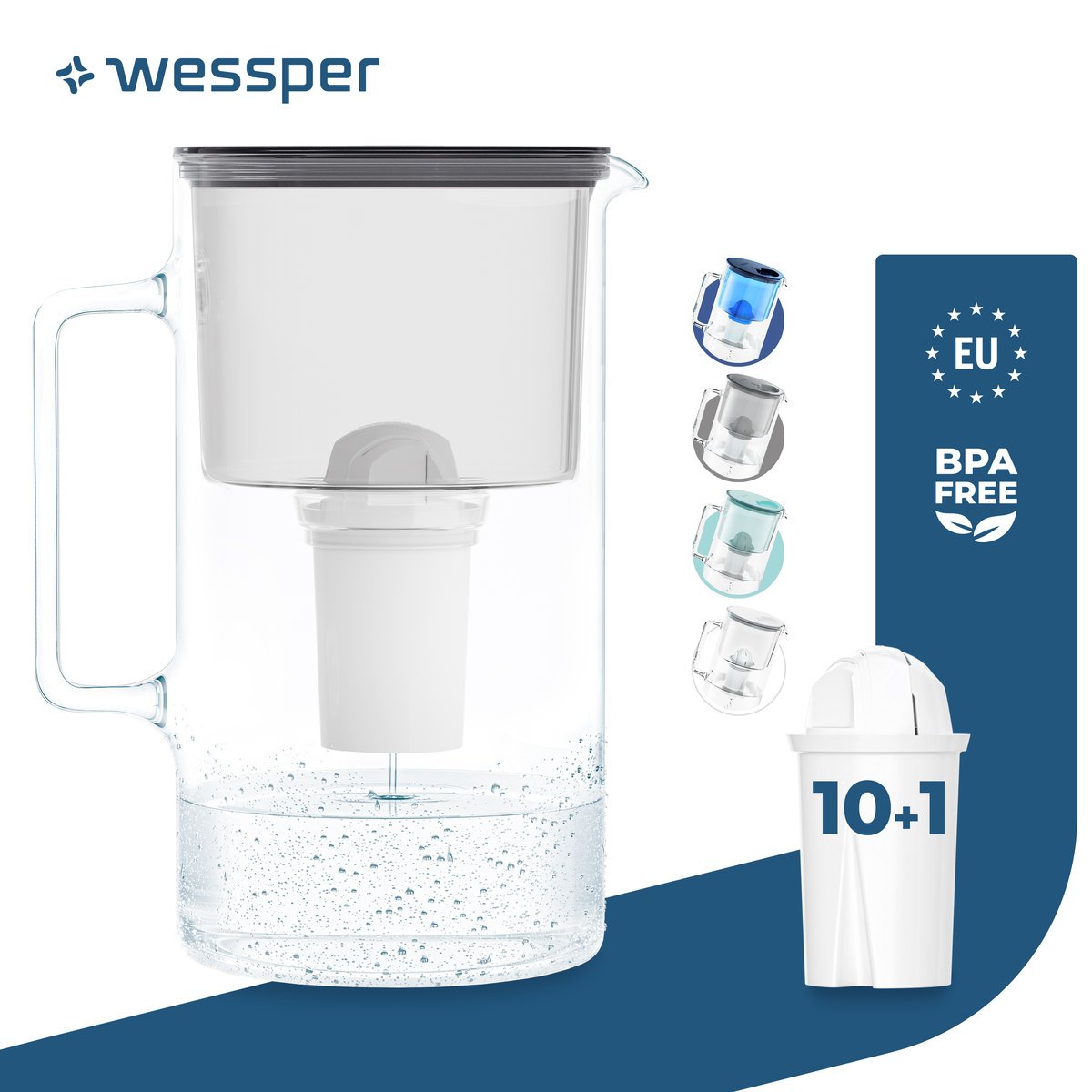 Dzbanek filtrujący szklany Wessper 3l Czarny + 11x Filtr aquaclassic 77g