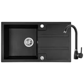 Zlewozmywaki - Laveo Barbados - zlewozmywak 1-komorowy z ociekaczem z baterią granitową z wylewką U czarny SBBA711T - miniaturka - grafika 1