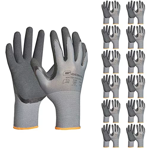 Gebol Master Flex Eco zestaw 12 rękawic roboczych z powłoką nitrylową,  bezpieczny chwyt, rękawice nitrylowe do warsztatu i ogrodu, dla kobiet i  mężczyzn, rozmiar XL (rozm. 10), szare, 12 par, wielopak -