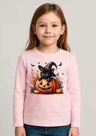 Koszulki dla dziewczynek - Koszulka na Dzień Dyni z długim rękawkiem dla dziewczynki - wzór kotdynia16 - miniaturka - grafika 1