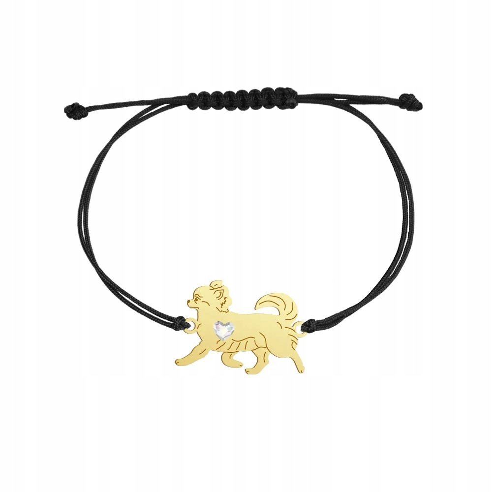 Bransoletka Złota z psem Chihuahua Długowłosa 925 Sznurek GRAWER GRATIS