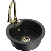 Zlewozmywaki z baterią - Mexen Diego zlewozmywak granitowy 1-komorowy z baterią kuchenną Elia, czarny/srebrny metalik - miniaturka - grafika 1