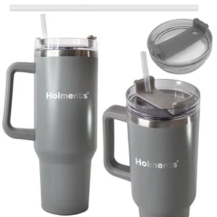 Kubek termiczny , szary ze słomką, uchwytem stal nierdzewna 1200 ml - Kubki termiczne - miniaturka - grafika 1