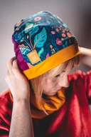 Czapki damskie - Musztardowa czapka z kominem w kwiaty MALOWANE KWIATY - miniaturka - grafika 1