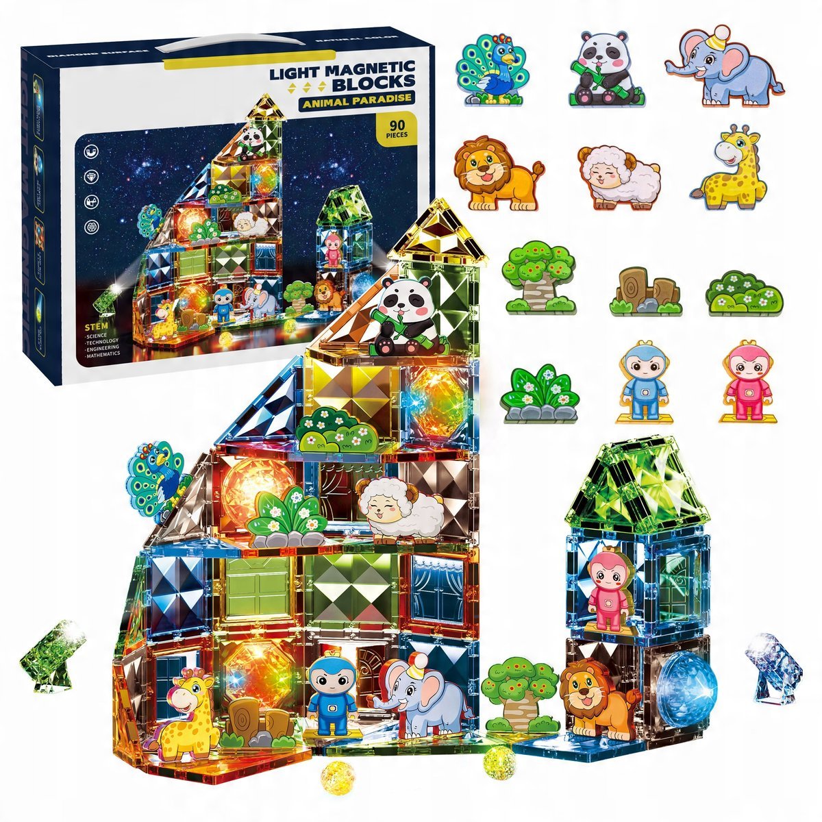 Klocki Magnetyczne Zoo Dla Dzieci Zwierzątka Świecący Zestaw Led 90 El