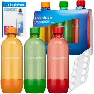 Butelki SodaStream 3x1L pomarańczowa/zielona/czerwona + Tabletki odkamieniające SodaStream 10 szt - Akcesoria i części AGD - miniaturka - grafika 1