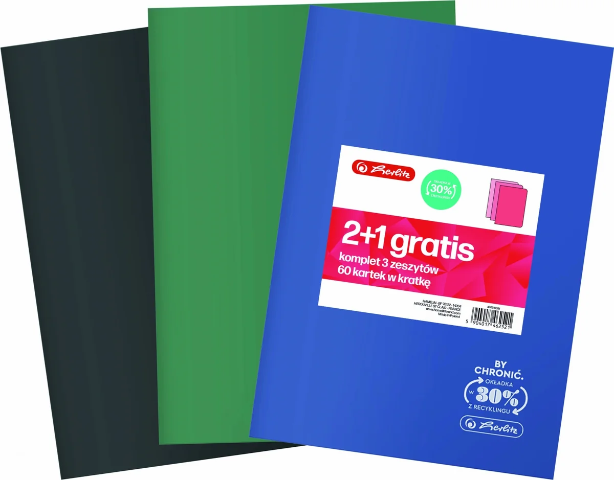 Komplet 3 zeszytów A5 60k kratka Herlitz Eco 2+1
