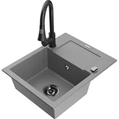 Zlewozmywaki z baterią - Mexen Enzo zlewozmywak granitowy 1-komorowy z ociekaczem i baterią kuchenną Elia, szary - miniaturka - grafika 1