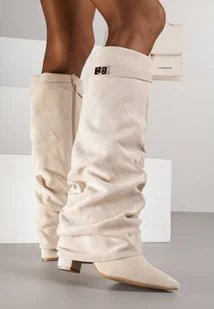 Beżowe Kozaki na Słupku z Marszczoną Cholewką Imitującą Nogawkę Rittia - Kozaki damskie - miniaturka - grafika 1