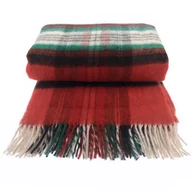 Koce - Koc wełniany z frędzlami 100% WEŁNA krata czerwony zielony czarny - miniaturka - grafika 1