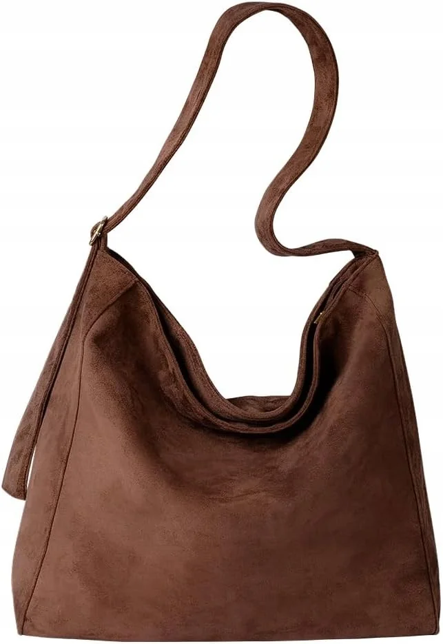 Zamszowa torba na ramię hobo vintage z kieszeniami i regulowanym paskiem