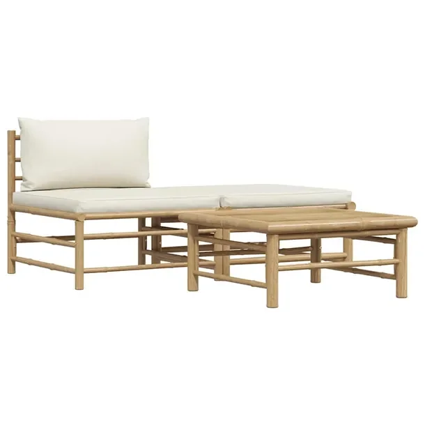 Zestaw Ogrodowy z Bambusa: Sofa, Podnóżek, Stolik, Kremowe Poduszki 65x70