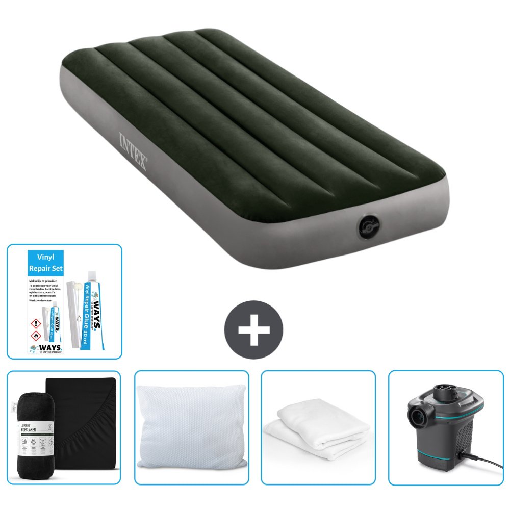 Dmuchane łóżko Intex - 1 osoba - 76 x 191 x 25 cm - zielone - w zestawie prześcieradło - pocałunek - pompka - zestaw naprawczy en ochraniacz na poduszkę
