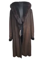 Płaszcze damskie - Płaszcz Kożuch Damski Naturalny Czekoladowy Kaptur Obszywany 3XL - miniaturka - grafika 1