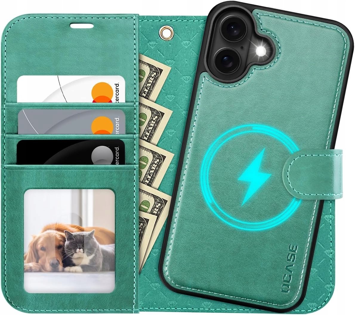 Ocase skórzane etui do iPhone 16 magsafe stojak zielony portfel 2w1 pasek