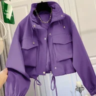 Kurtki damskie - TEMU Krótka Kurtka Z Kieszeniami Na Sznurek, Luźna I Uniwersalna Modna Damska Wiosenno-Letnia Kurtka Casual - miniaturka - grafika 1