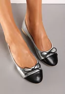 Baleriny - Srebrne Balerinki z Ozdobną Kokardką i Kontrastowym Noskiem Sanahia - miniaturka - grafika 1