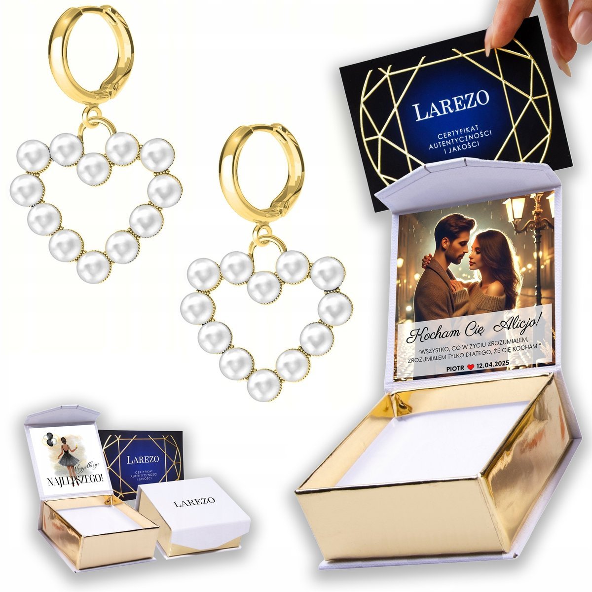 Złote Kolczyki 925 Serce z Białymi Perłami Biała Perła Serduszko NADRUK