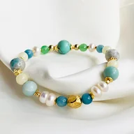 Bransoletki - MAGIA Elegancka Bransoletka z kamieni , Amazonit, jadeit, perły złoto - miniaturka - grafika 1