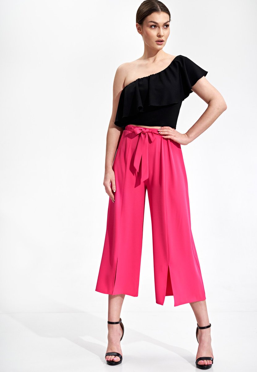 Eleganckie spodnie kuloty damskie 3/4 regular fit z szerokimi nogawkami Figl - M860, różowe, S