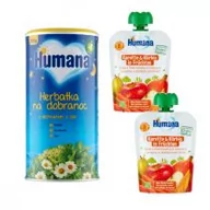 Soki i herbatki dla dzieci - Humana Zestaw Herbatka na dobranoc z ekstraktem z ziół po 4. miesiącu + 100% Bio Organic Mus dynia z marchewką w owocach po 8. miesiącu GRATIS 200 g + 2 x 90 g - miniaturka - grafika 1