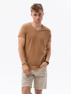 Koszulki męskie - Klasyczna męska koszulka z dekoltem w serek BASIC - jasnobrązowy V9 S1369 - grafika 1