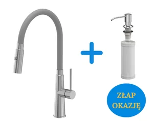 Quadron POP Bateria zlewozmywakowa stalowa GINA STEELQ z elastyczną szarą wylewką i funkcją prysznica plus dozownik okrągły do płynu KEIRA kolor chrom - Baterie kuchenne - miniaturka - grafika 1