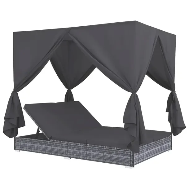 Dwuosobowy leżak ogrodowy z rattanu PE szary, 197 x 140 x 180 cm