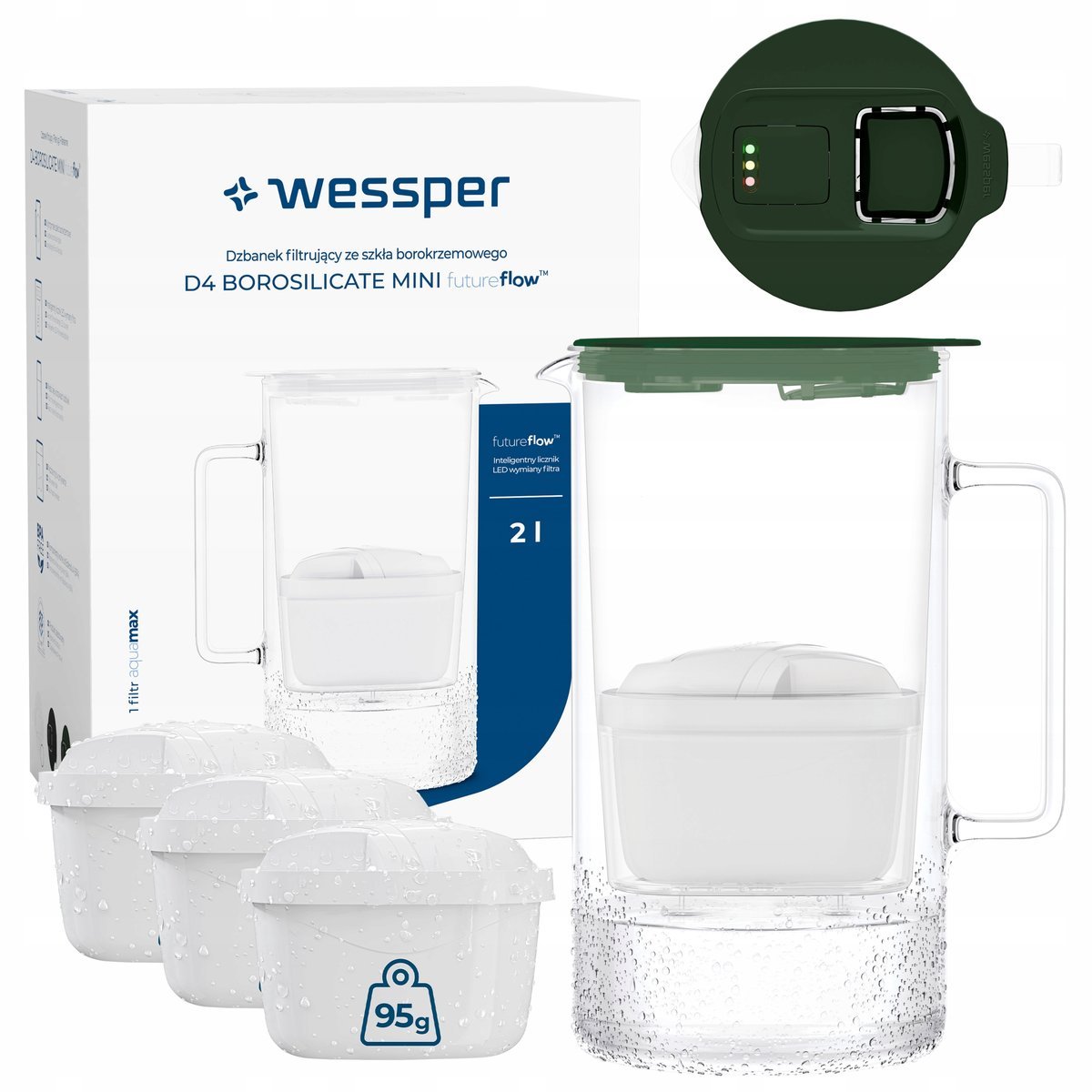 Szklany dzbanek filtrujący Wessper D4 BOROSILICATE MINI + 4x filtr wkład