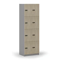 Szafki biurowe - Drewniana szafka skrytkowa, 8 schowków, zamek mechaniczny z kodem, szary/dąb naturalny - miniaturka - grafika 1