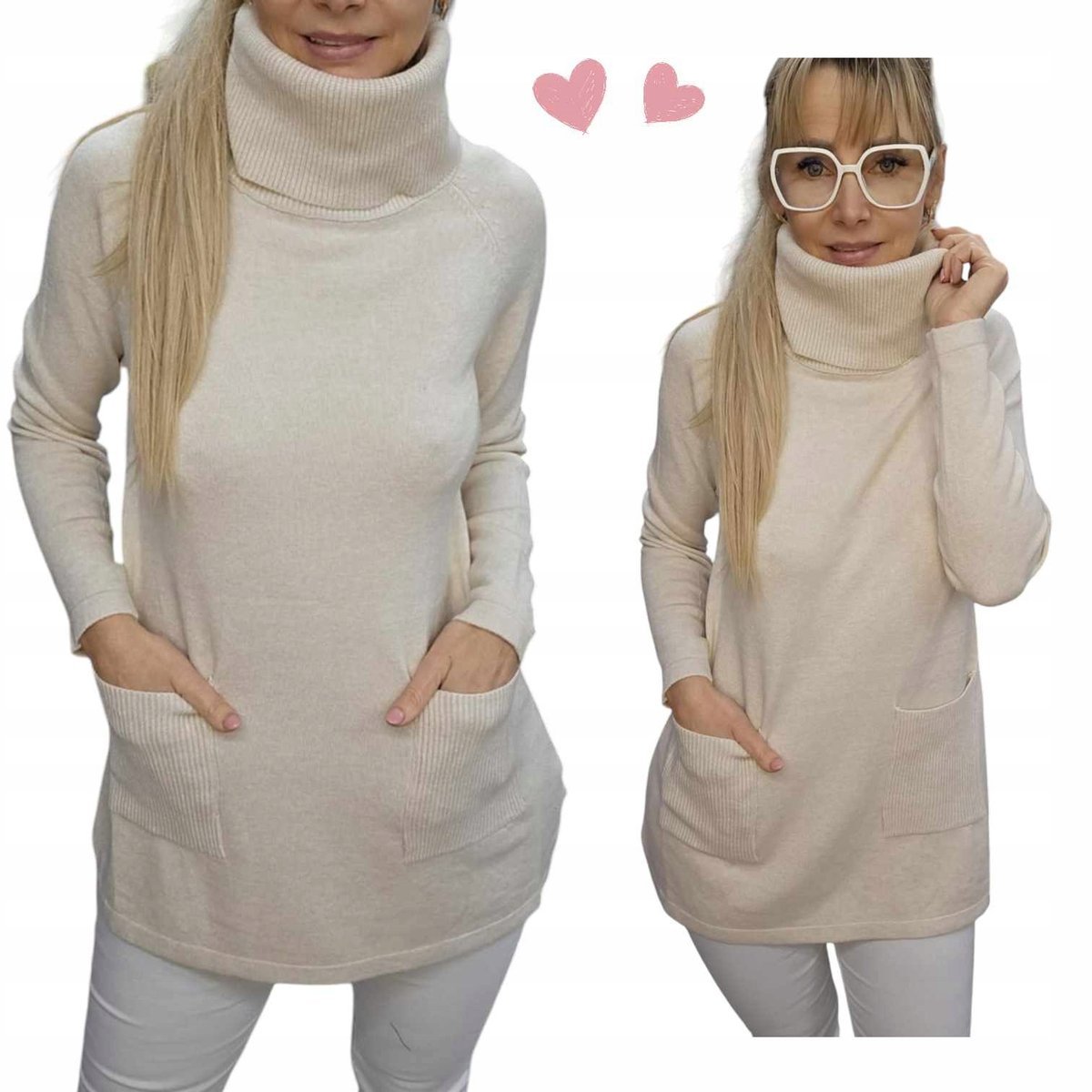 SWETER DAMSKI GOLF na co dzień jak jedwab kieszonki tunika 44 46 2XL 3XL