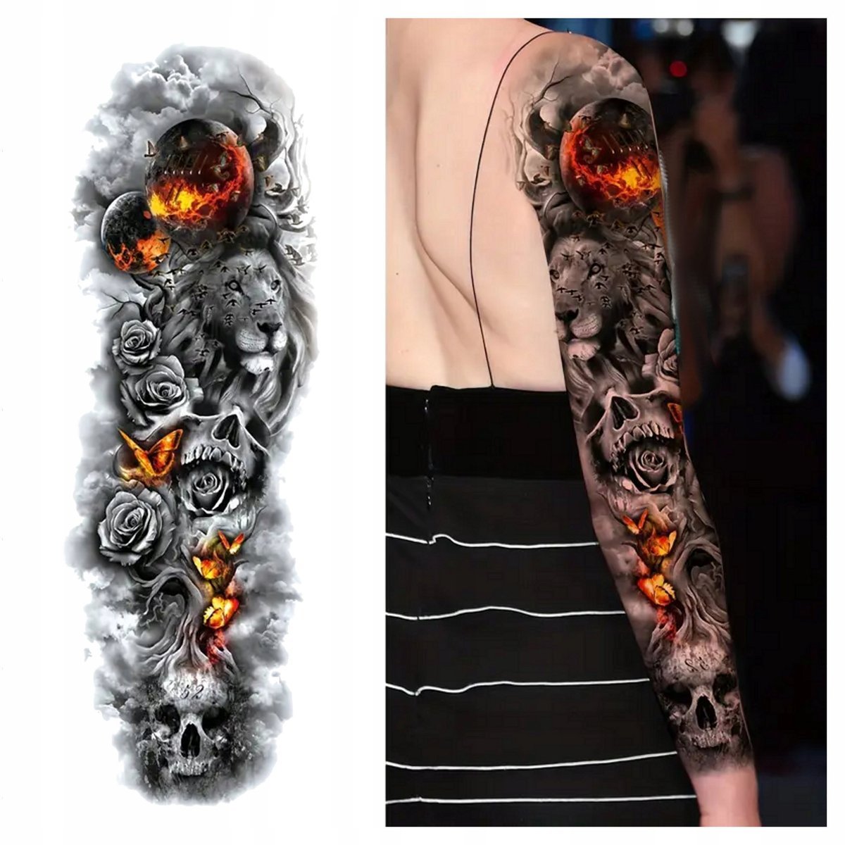 TATUAŻ RĘKAW OGNISTY CZASZKA LEW RÓŻE ZMYWALNY TYMCZASOWY WODNY
