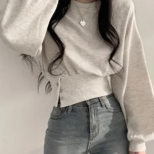 TEMU Elegancka bluzka damska z okrągłym dekoltem i guzikami, wykonana z mieszanki poliestru (95% poliester, 5% elastan), z długim rękawem, - Bluzki damskie - miniaturka - grafika 1