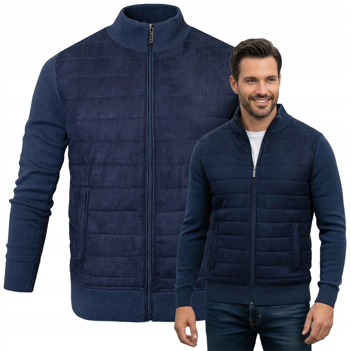 SWETER Męski ROZPINANY na Zamek z PIKOWANYM Przodem GRANATOWY Pako Jeans SWETER Męski ROZPINANY na Zamek z PIKOWANYM Przodem GRANAT XL Pako Jeans