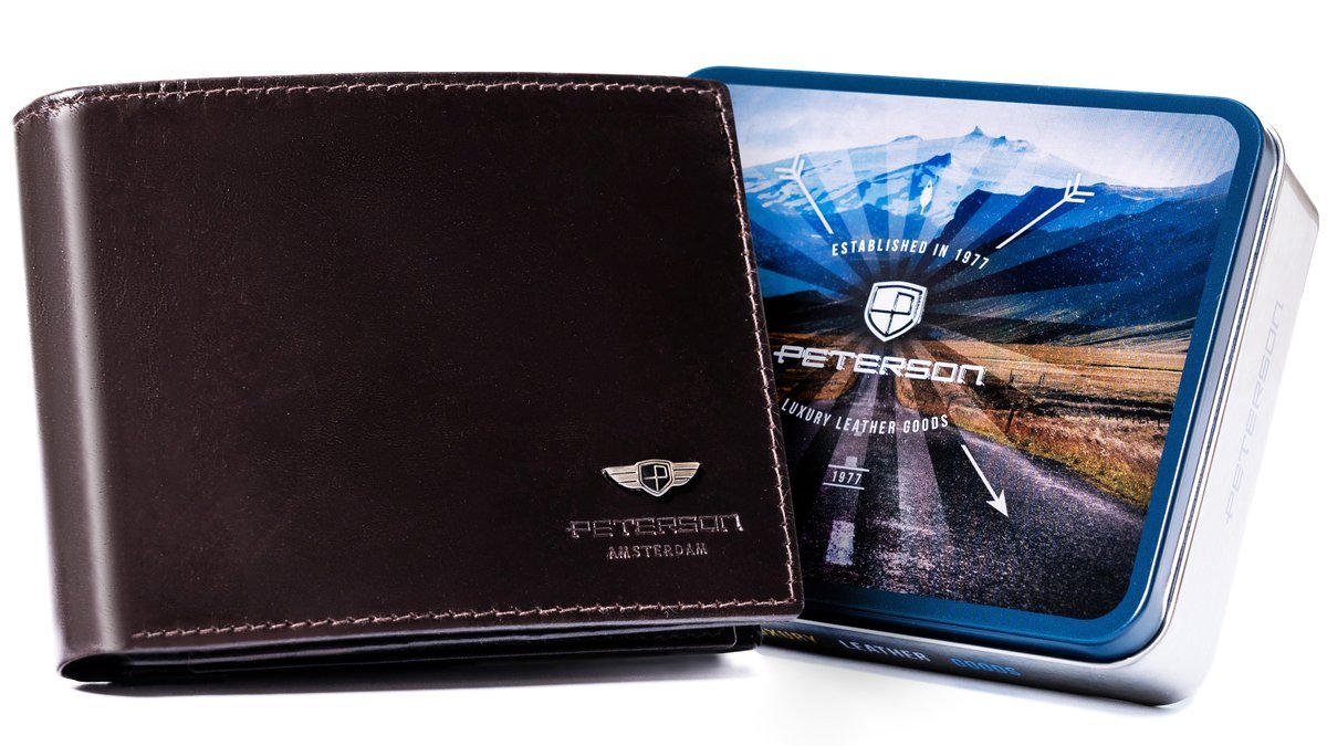 Portfel męski skórzany PETERSON klasyczny poziomy bez zapięcia rozbudowany na karty ochrona RFID brązowy