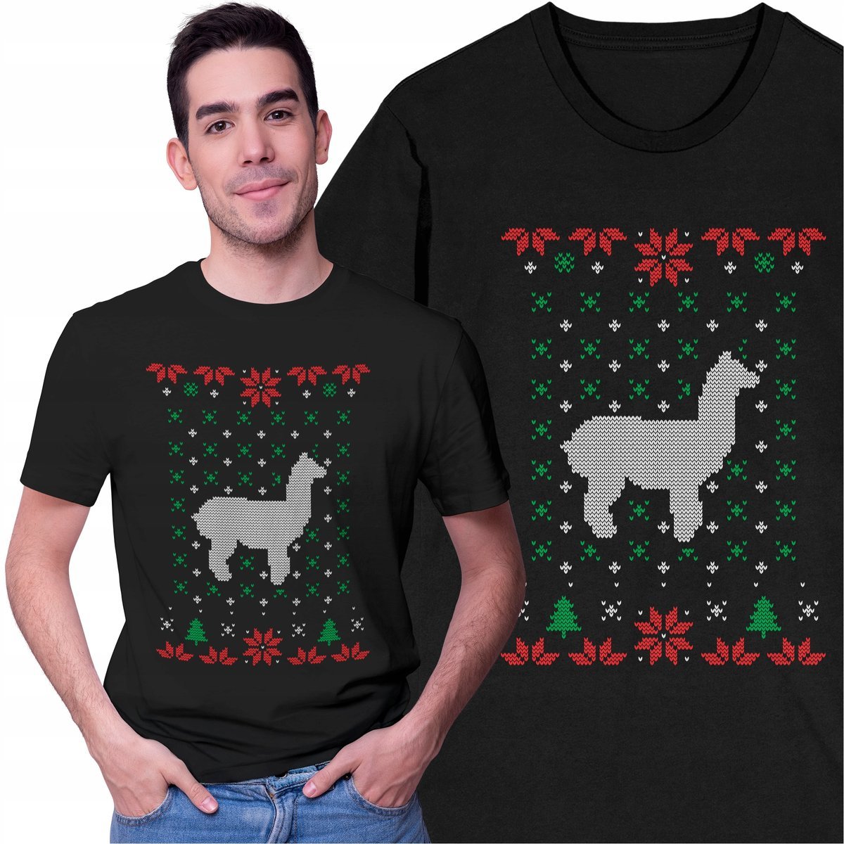 Koszulka Świąteczna T-shirt na Święta Lama Zwierzęta Choinka Gwiazdki