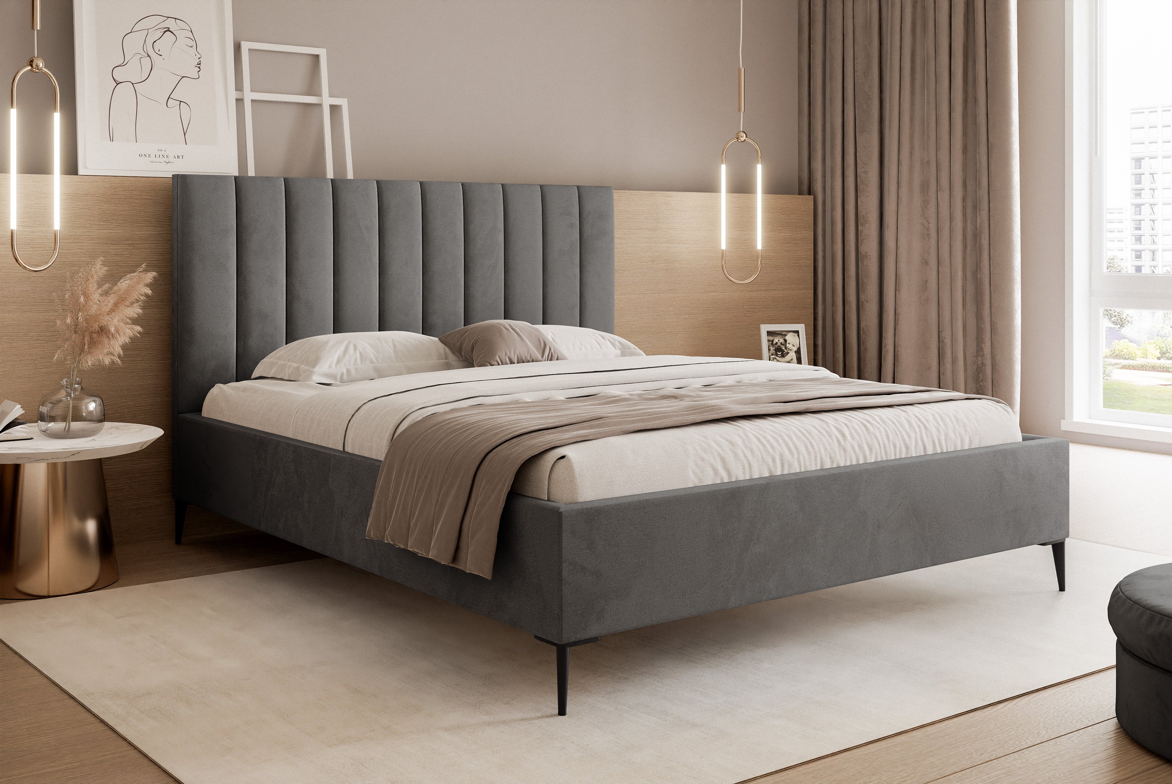 Łóżko tapicerowane z zagłówkiem 160x200 Tatiana Slim II - Łóżko podwójne z podstawą łóżka i ramą z listew drewnianych - Tkanina aksamitna - Ciemnoszary & Velluto 18
