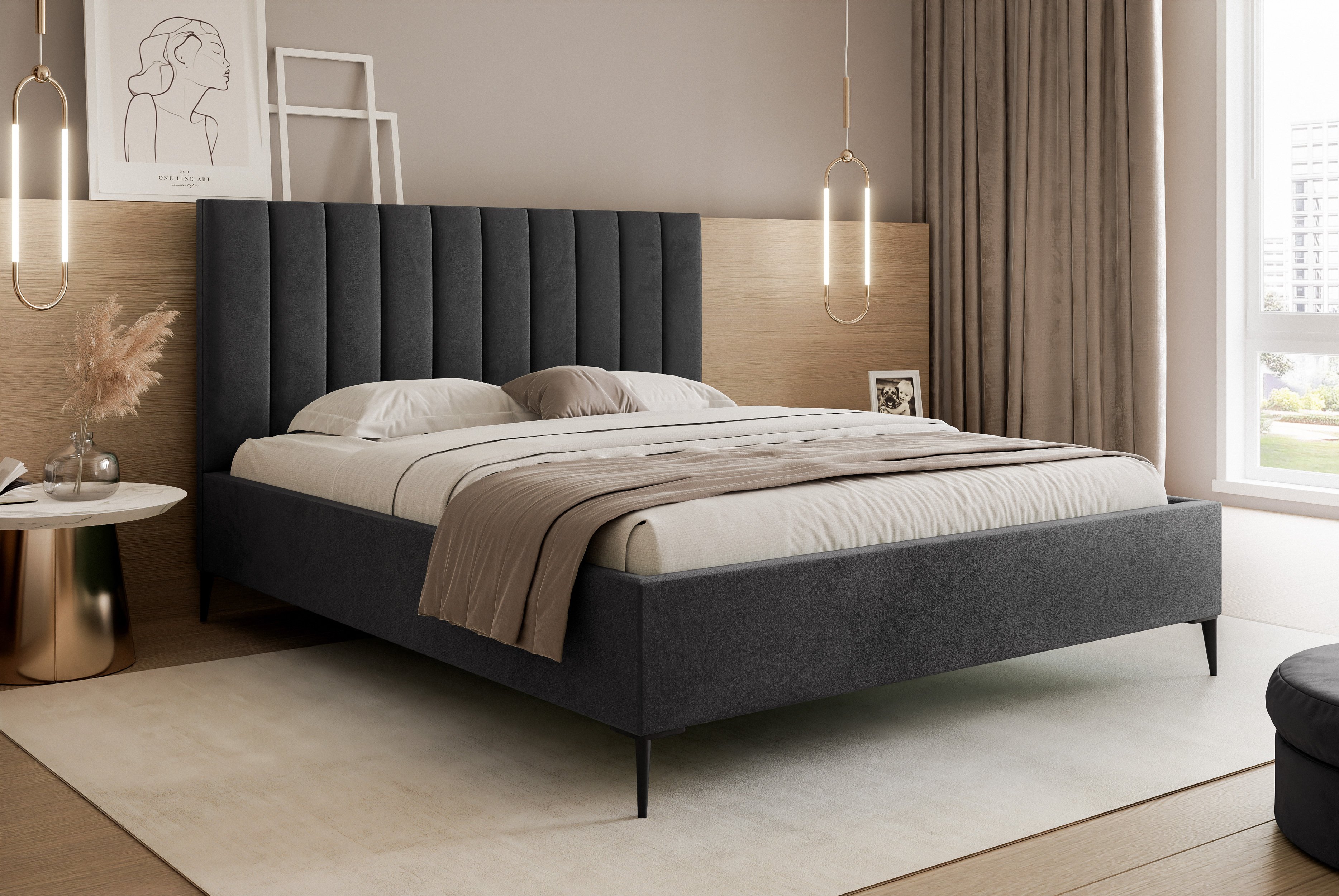 Łóżko tapicerowane z zagłówkiem 200x200 Tatiana Slim II - Łóżko podwójne z podstawą łóżka i ramą z listew drewnianych - Tkanina aksamitna - Czarny & Velluto 20