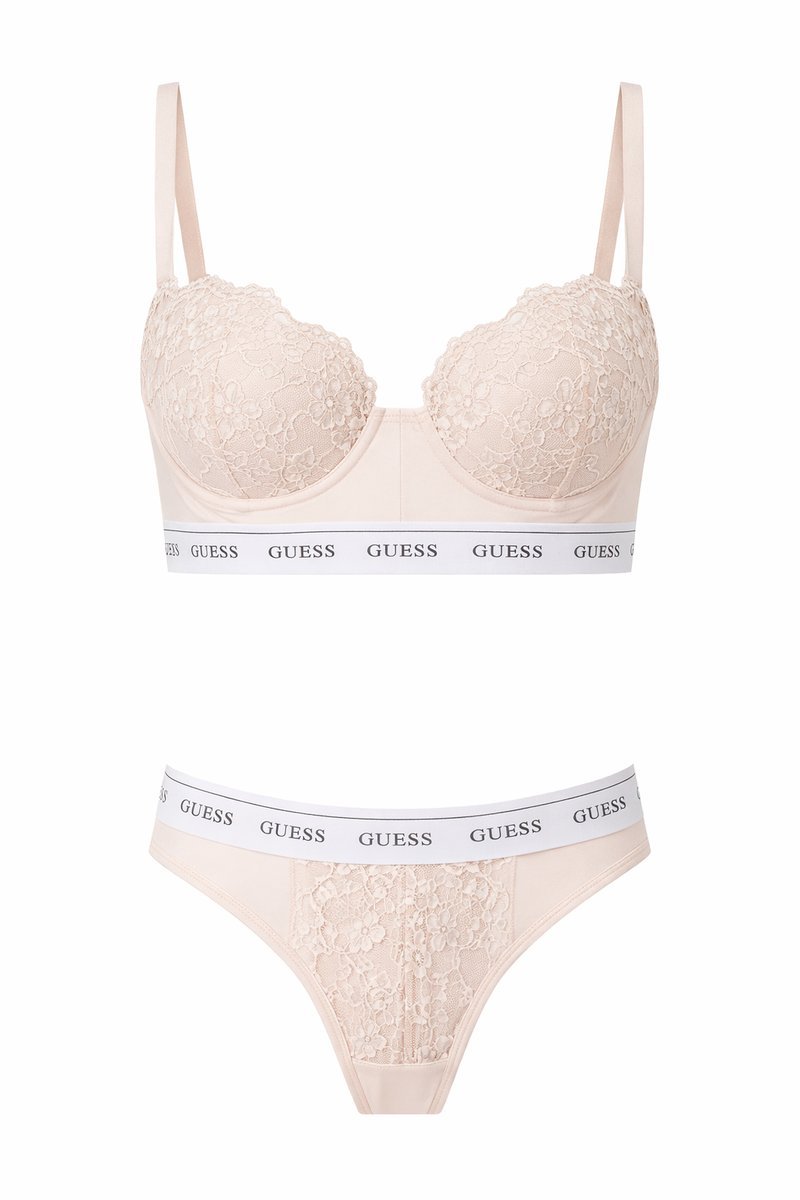 GUESS BEŻOWY BIUSTONOSZ BRALETKA Z KORONKĄ I LOGO 36B I3A