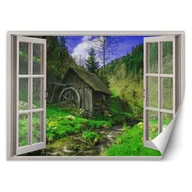 Fototapety - Fototapeta, Okno - widok na chatkę w lesie (Rozmiar 210x150) - miniaturka - grafika 1
